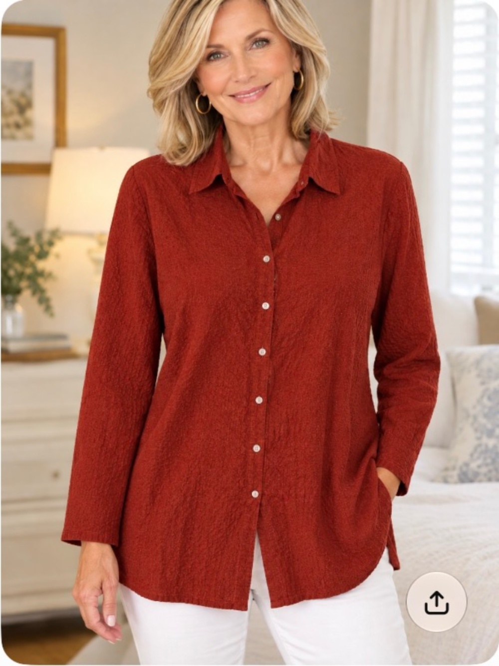 J.Jill Cranberry Textured Cotton Button-Down Shirt